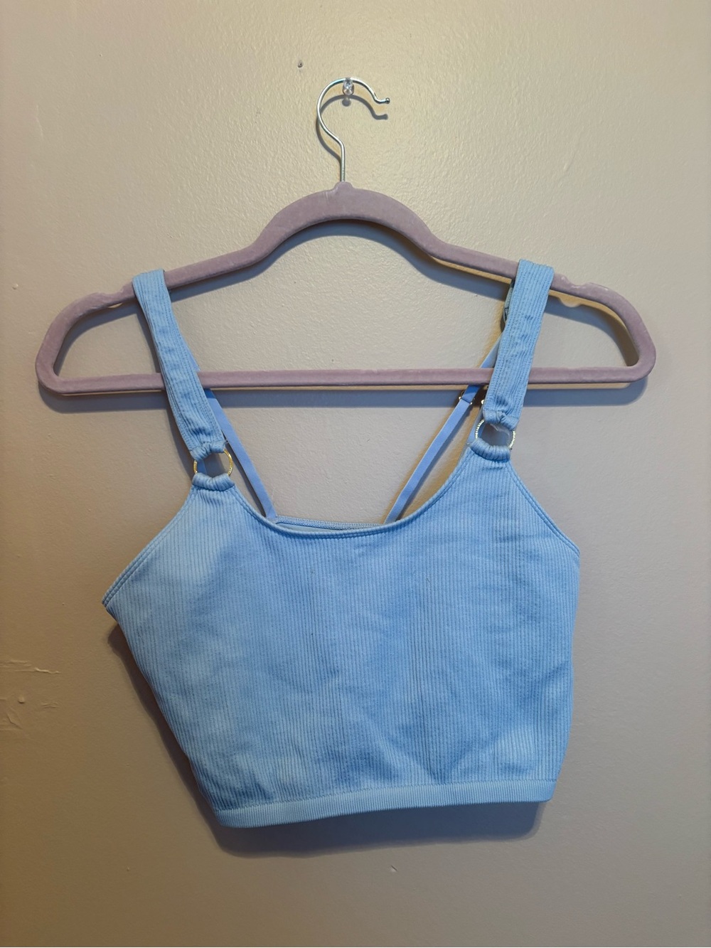 aerie Light Blue Ribbed Crop Tank with Ring-Strap Detail